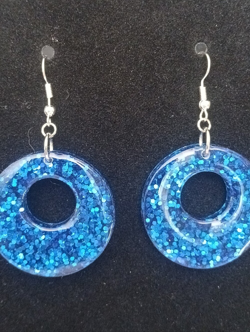 Sparkly blue holo glitter round hoop dangle earrings silver hooks new handmade